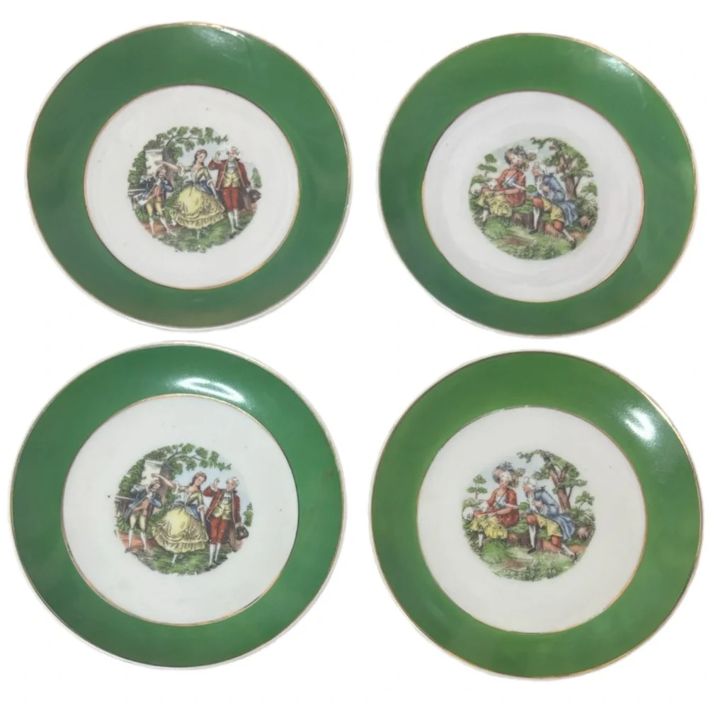 Vintage Courting Couple Plates Set 4 Pc Blume Japan Floral Green White Burgundy